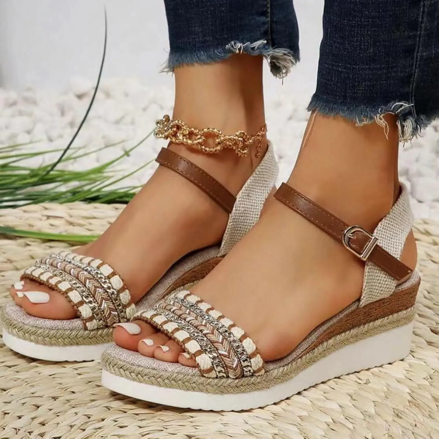 SuanlaTDS Women's Wedge Sandals Platform Espadrilles Buckl-e Ankle Strap Open Toe Mid Heel Slingback Summer Shoes Comfortable Casual Dressy Boho Beach Outdoor Walking Wedges Sandal