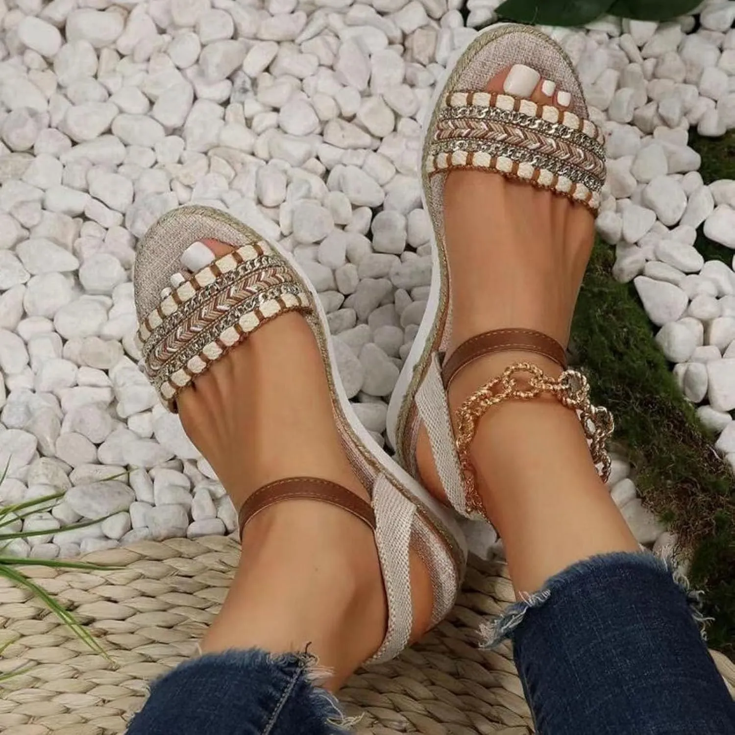 SuanlaTDS Women's Wedge Sandals Platform Espadrilles Buckl-e Ankle Strap Open Toe Mid Heel Slingback Summer Shoes Comfortable Casual Dressy Boho Beach Outdoor Walking Wedges Sandal