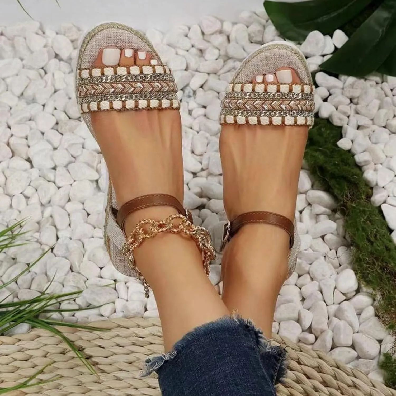 SuanlaTDS Women's Wedge Sandals Platform Espadrilles Buckl-e Ankle Strap Open Toe Mid Heel Slingback Summer Shoes Comfortable Casual Dressy Boho Beach Outdoor Walking Wedges Sandal