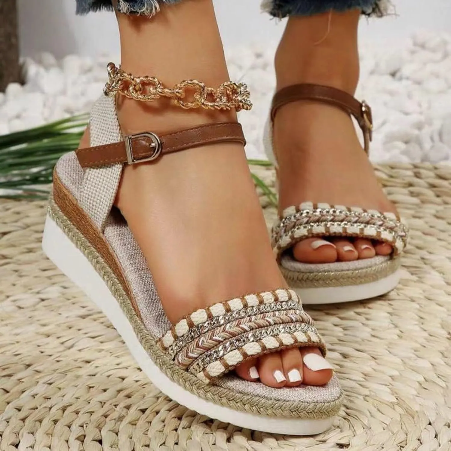 SuanlaTDS Women's Wedge Sandals Platform Espadrilles Buckl-e Ankle Strap Open Toe Mid Heel Slingback Summer Shoes Comfortable Casual Dressy Boho Beach Outdoor Walking Wedges Sandal