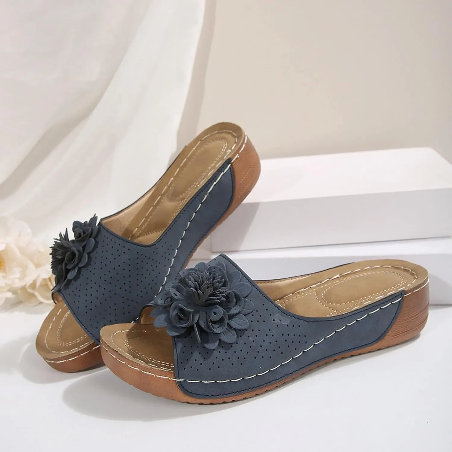 SuanlaTDS Womens Wedge Sandals Platform Slide-on Slides Dress Summer Beach Slippers with Arch Support 2025 Flower Open Toe Boho Cute Slingback Walking Shoes Wedges Low Heels Slide Sandal