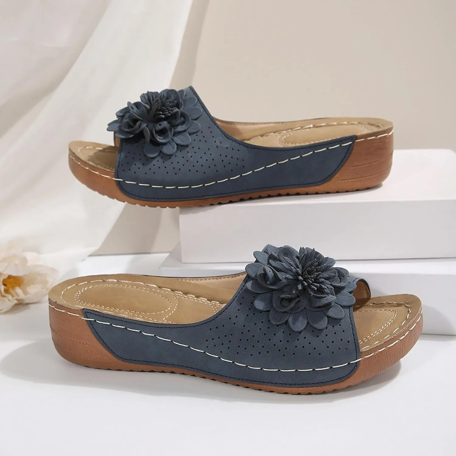 SuanlaTDS Womens Wedge Sandals Platform Slide-on Slides Dress Summer Beach Slippers with Arch Support 2025 Flower Open Toe Boho Cute Slingback Walking Shoes Wedges Low Heels Slide Sandal