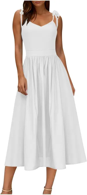 Summer Midi Skirt for Womens Straps Sleeveless V Neck Dress Pleated Ruffle Hem A Line Dresses Beach Party Cocktail