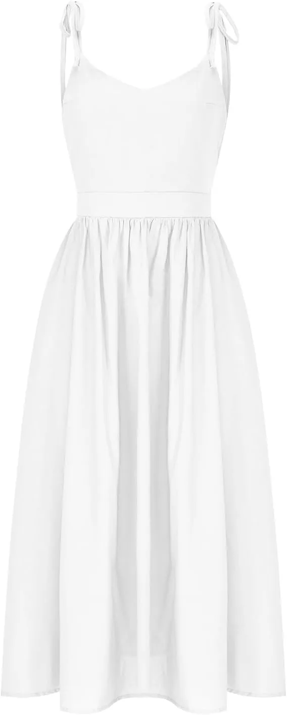 Summer Midi Skirt for Womens Straps Sleeveless V Neck Dress Pleated Ruffle Hem A Line Dresses Beach Party Cocktail