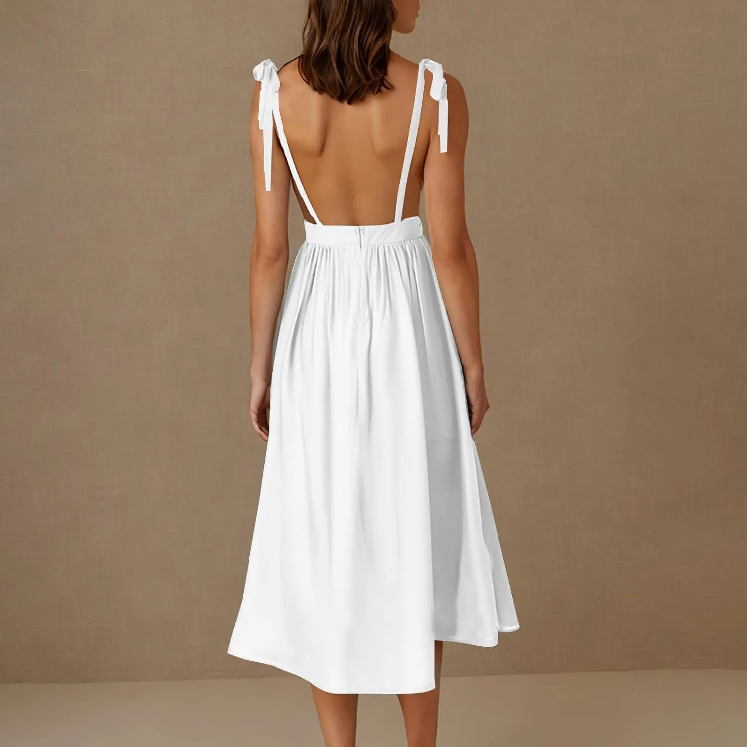 Summer Midi Skirt for Womens Straps Sleeveless V Neck Dress Pleated Ruffle Hem A Line Dresses Beach Party Cocktail