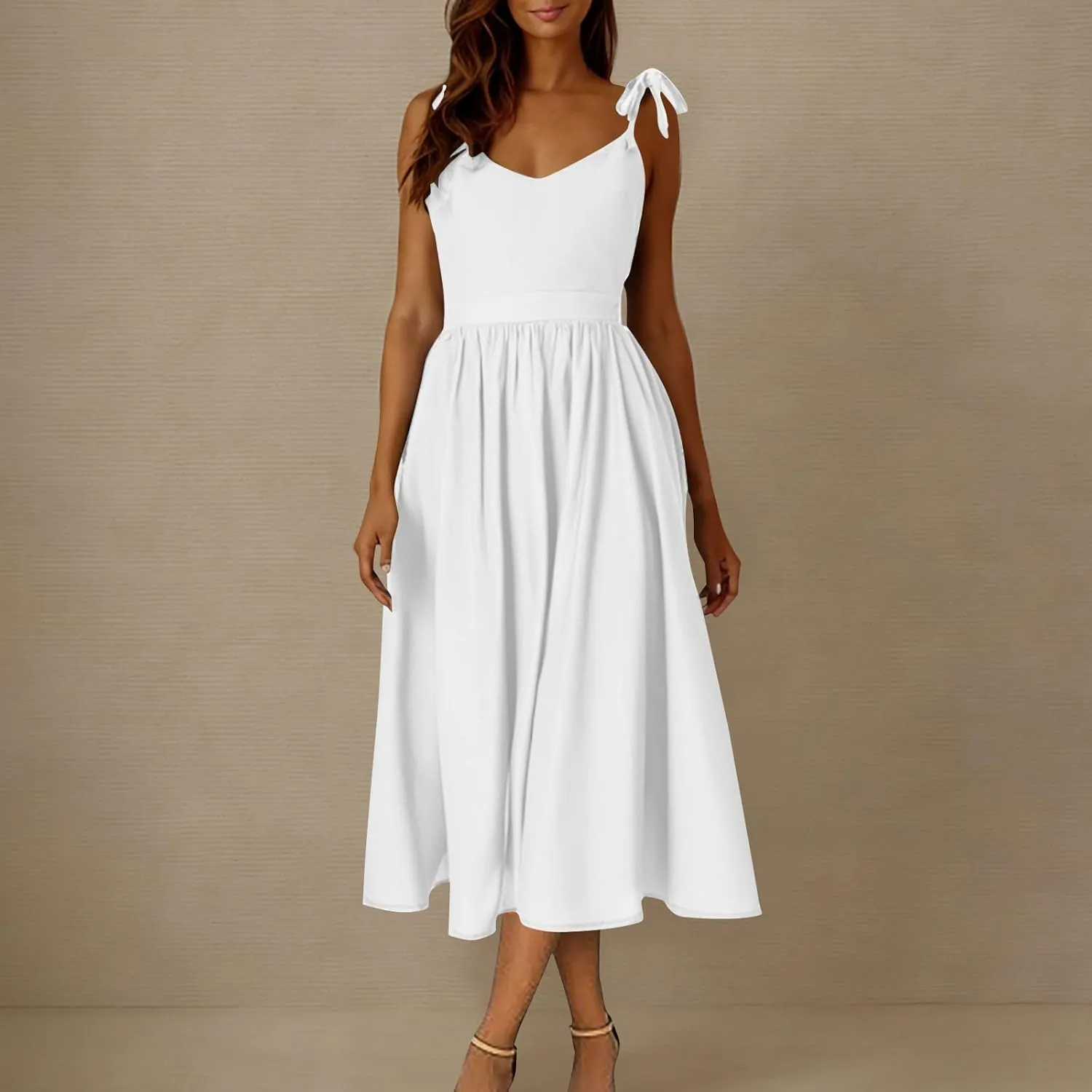 Summer Midi Skirt for Womens Straps Sleeveless V Neck Dress Pleated Ruffle Hem A Line Dresses Beach Party Cocktail