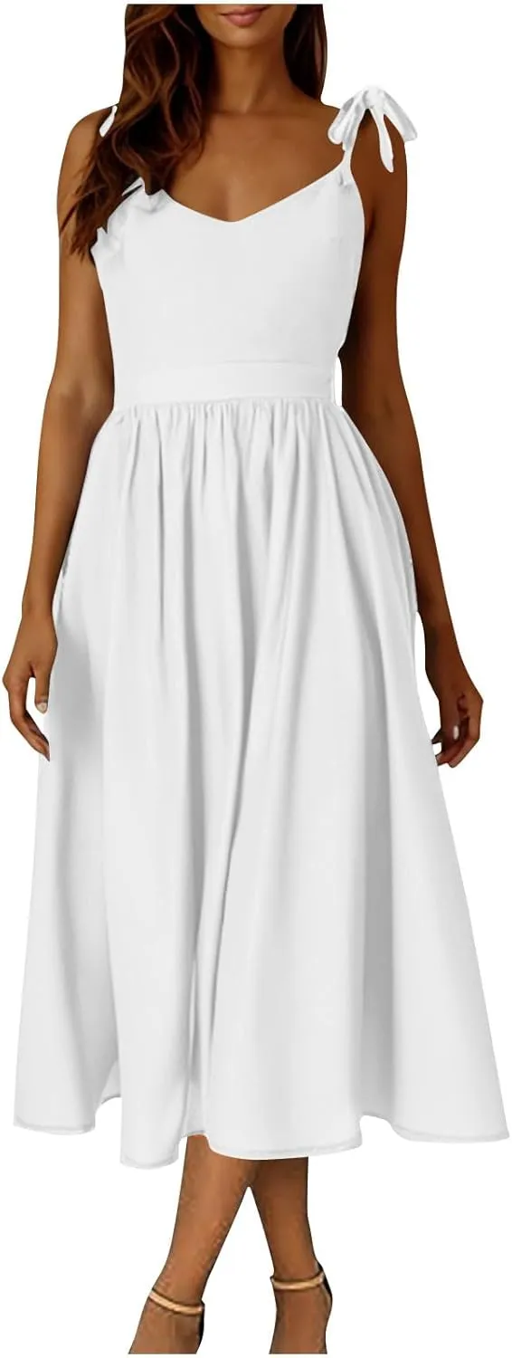 Summer Midi Skirt for Womens Straps Sleeveless V Neck Dress Pleated Ruffle Hem A Line Dresses Beach Party Cocktail