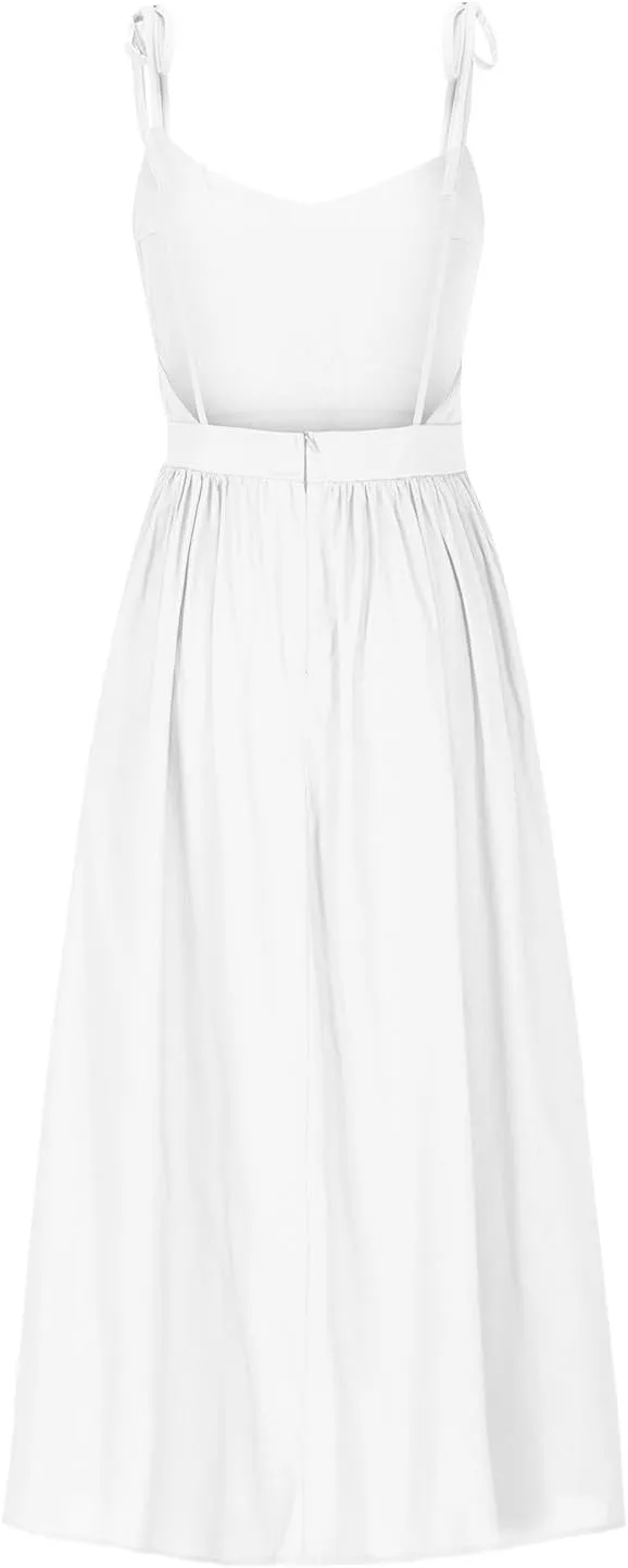 Summer Midi Skirt for Womens Straps Sleeveless V Neck Dress Pleated Ruffle Hem A Line Dresses Beach Party Cocktail