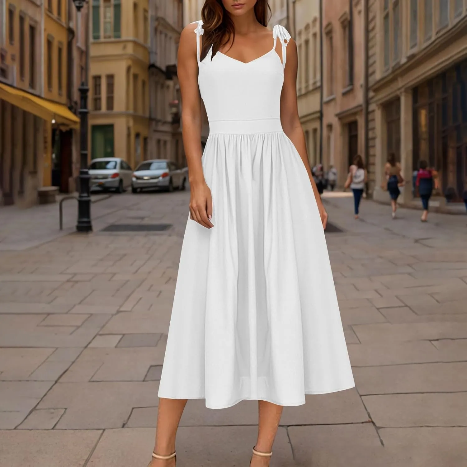 Summer Midi Skirt for Womens Straps Sleeveless V Neck Dress Pleated Ruffle Hem A Line Dresses Beach Party Cocktail