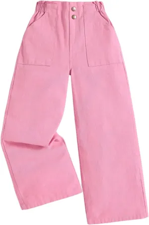 SweatyRocks Girl's Casual Elastic High Waist Wide Leg Jeans Button Front Pockets Denim Pants