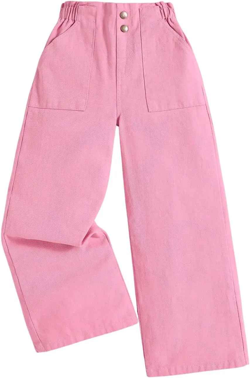 SweatyRocks Girl's Casual Elastic High Waist Wide Leg Jeans Button Front Pockets Denim Pants