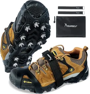 SYOURSELF Ice Cleats, Crampons Ice Cleats for Shoes and Boots Women Men Kids, Non Slip Grippers Spikes for Shoes with Straps, Ice Traction Cleats for Snow and Ice, Hiking, Walking, Fishing, Climbing