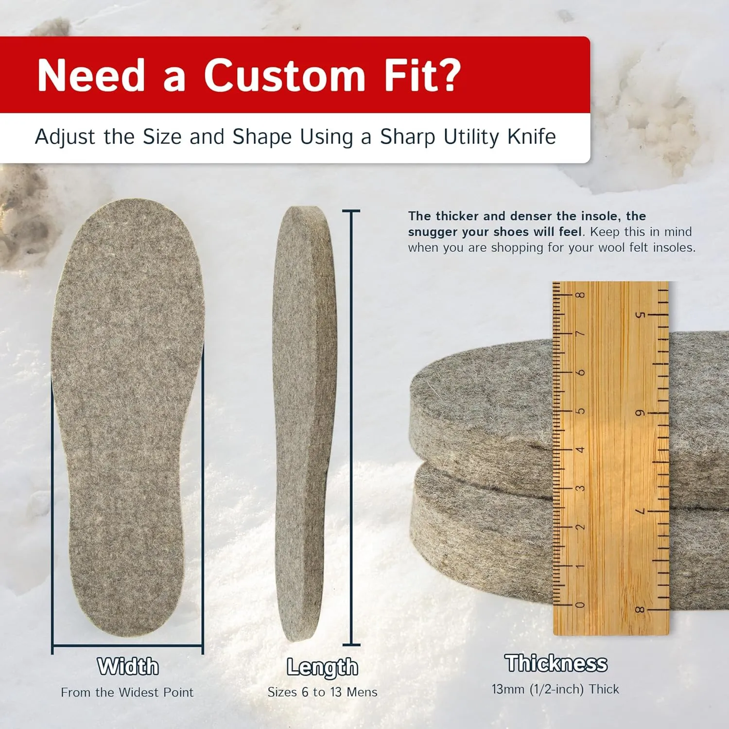 The Felt Store Wool Felt Insoles for Men and Women - 13mm Thick Long-Lasting Breathable Shoe Inserts with Cushioning - Wool Insoles for Winter Boots and Work Shoes