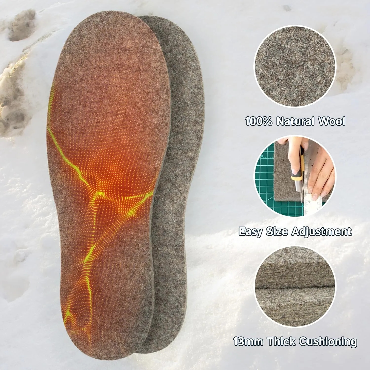 The Felt Store Wool Felt Insoles for Men and Women - 13mm Thick Long-Lasting Breathable Shoe Inserts with Cushioning - Wool Insoles for Winter Boots and Work Shoes