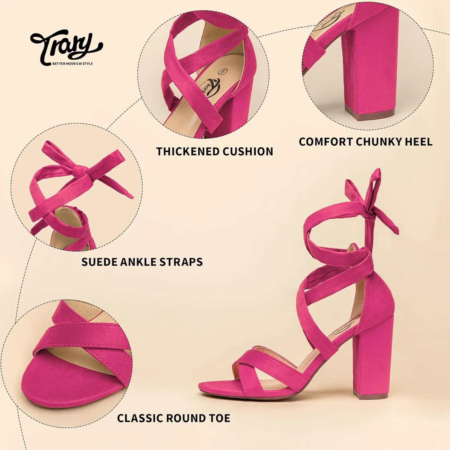 Trary Black Lace Up Pink Nude Heels: Women's Strappy Comfortable High Platform Sandals, Chunky 3 Inch