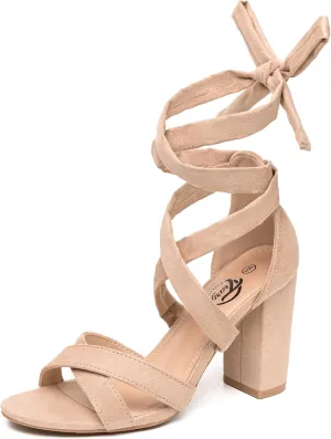 Trary Black Lace Up Pink Nude Heels: Women's Strappy Comfortable High Platform Sandals, Chunky 3 Inch