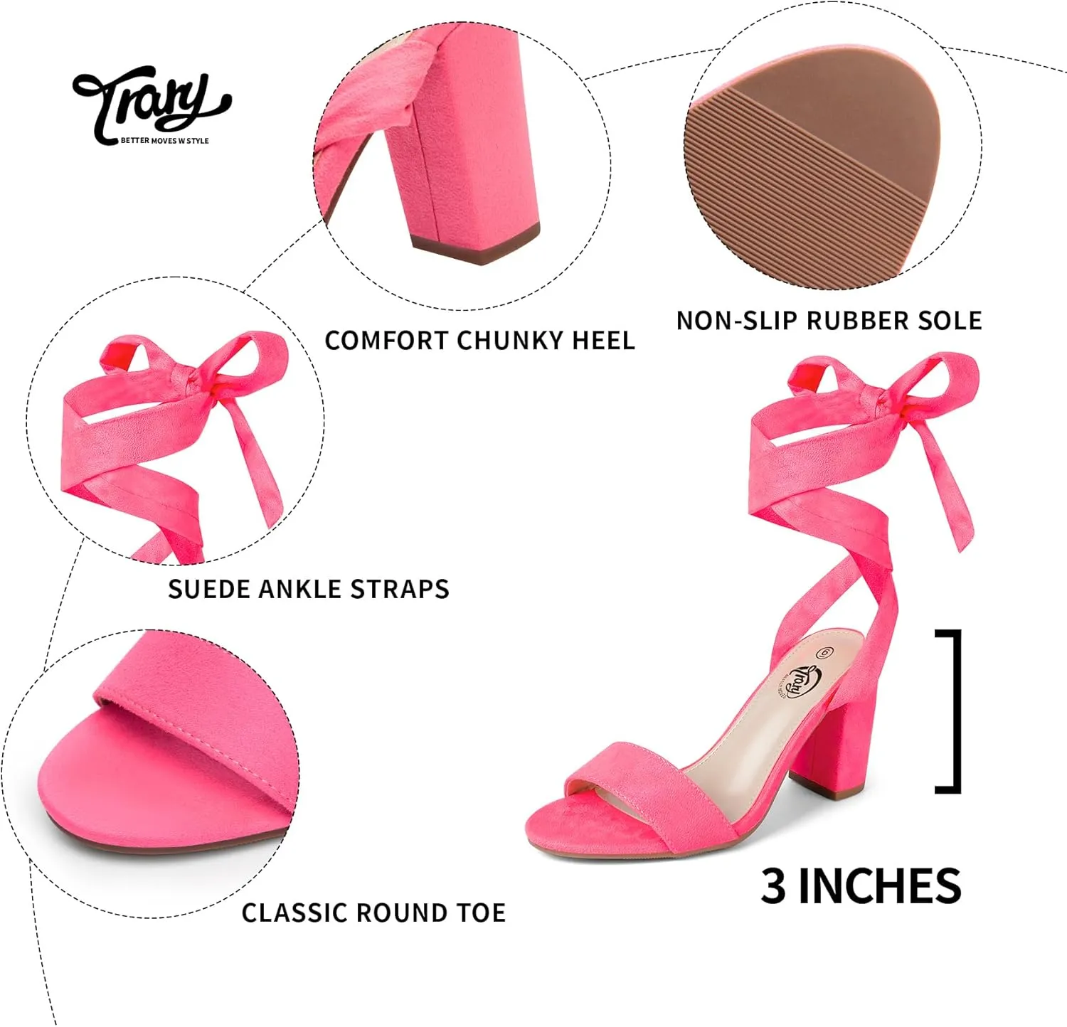 Trary Pink Purple Nude Red Black Heels for Women, Lace Up Chunky Heels for Women, Strappy Heels for Women Sandals, High Platform Stripper Heels, Comfortable Wide Width Tie Up Heels 3 Inch Open Toe