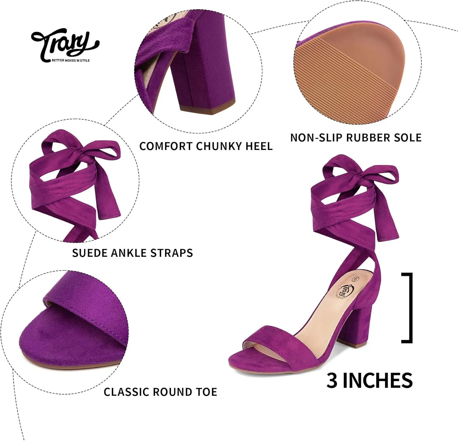 Trary Pink Purple Nude Red Black Heels for Women, Lace Up Chunky Heels for Women, Strappy Heels for Women Sandals, High Platform Stripper Heels, Comfortable Wide Width Tie Up Heels 3 Inch Open Toe