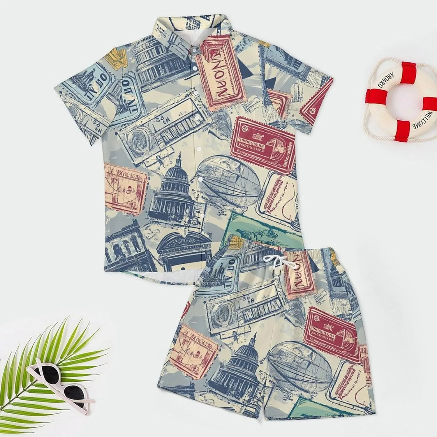 Travel Theme of Stamps StickersMen's Two-Piece Casual Short-Sleeved Shirt Summer Loose Vacation Suit