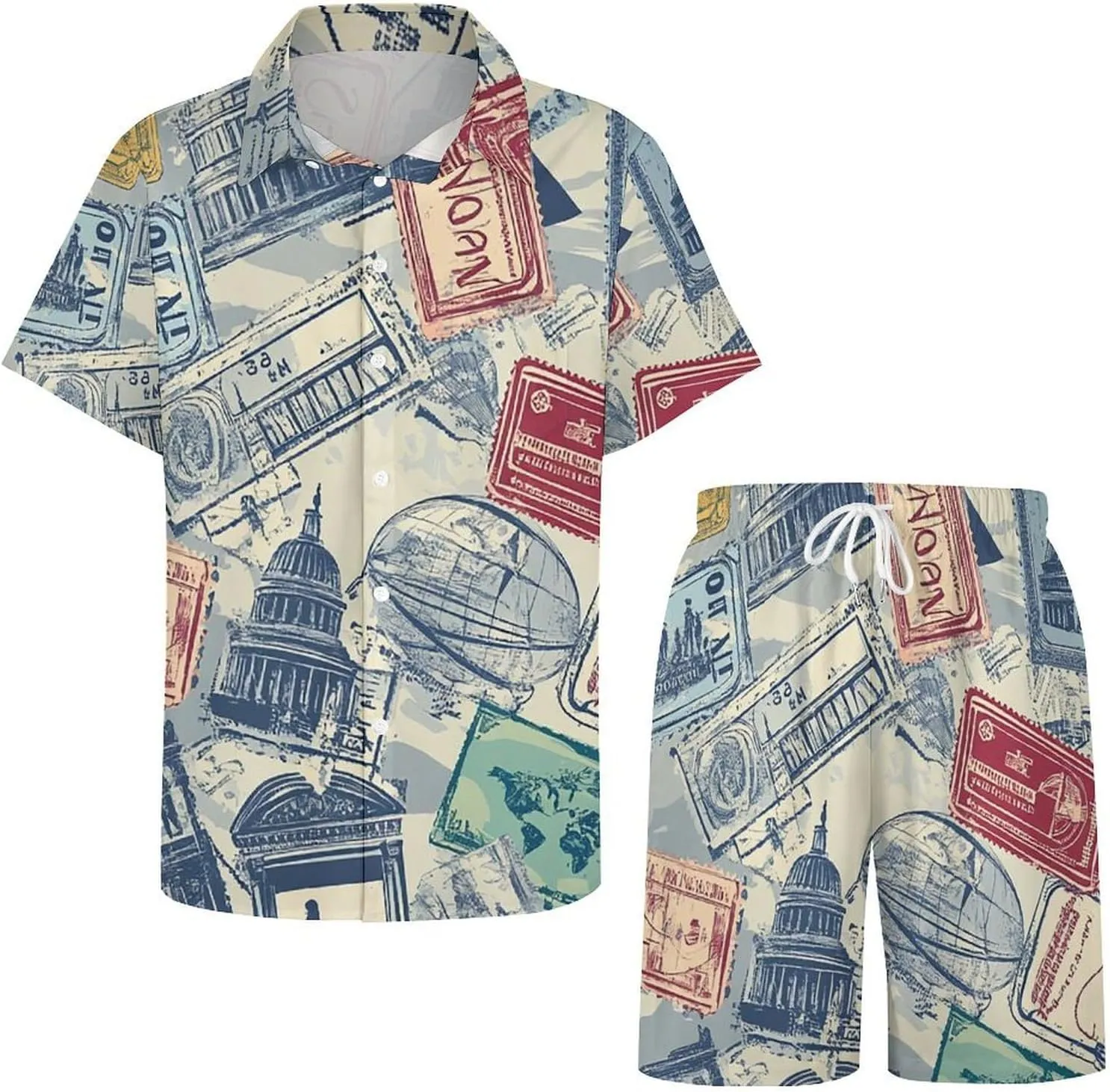 Travel Theme of Stamps StickersMen's Two-Piece Casual Short-Sleeved Shirt Summer Loose Vacation Suit