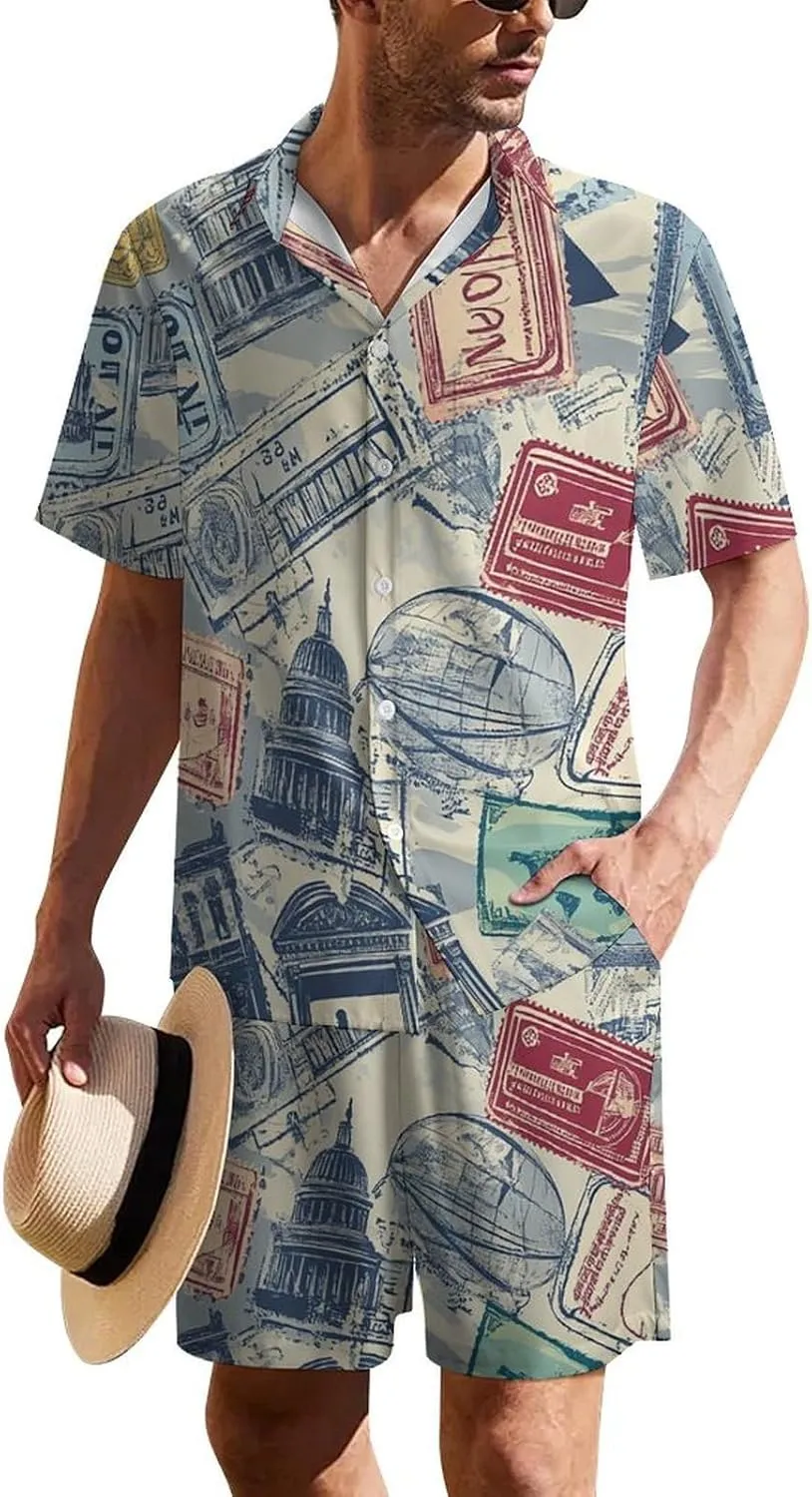 Travel Theme of Stamps StickersMen's Two-Piece Casual Short-Sleeved Shirt Summer Loose Vacation Suit