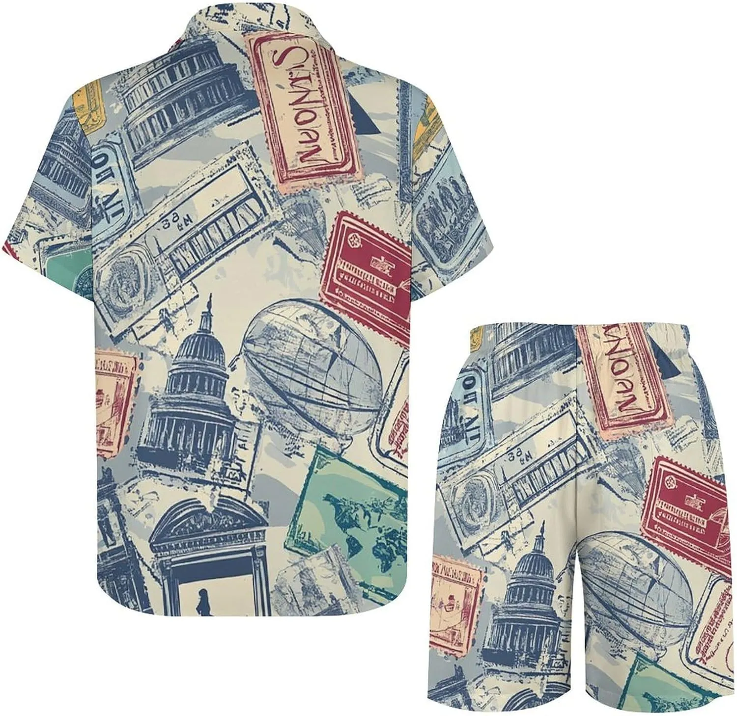 Travel Theme of Stamps StickersMen's Two-Piece Casual Short-Sleeved Shirt Summer Loose Vacation Suit