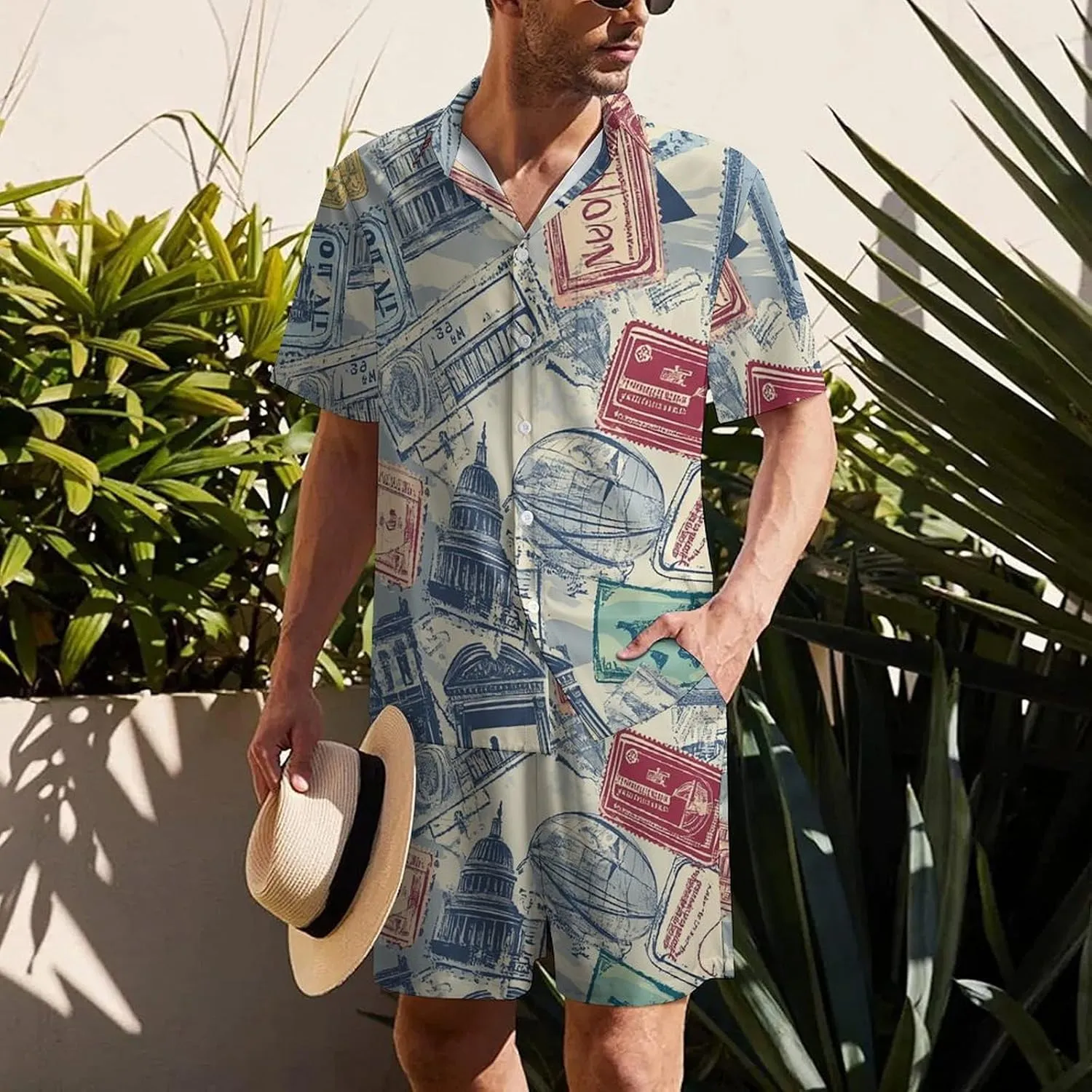 Travel Theme of Stamps StickersMen's Two-Piece Casual Short-Sleeved Shirt Summer Loose Vacation Suit