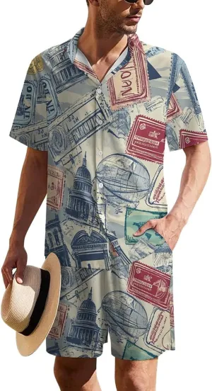 Travel Theme of Stamps StickersMen's Two-Piece Casual Short-Sleeved Shirt Summer Loose Vacation Suit
