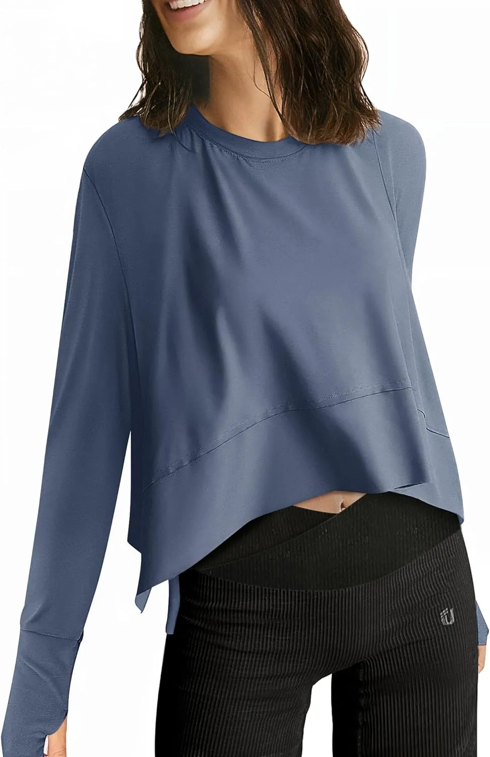 UEU Women's Crop Tops for Yoga Workout Athletic, Ice Cool Feeling Long Sleeves Shirts, Flowy Split Side Slit Oversized
