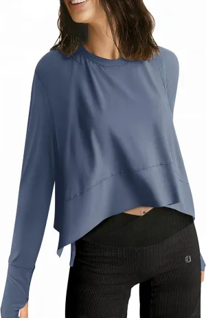UEU Women's Crop Tops for Yoga Workout Athletic, Ice Cool Feeling Long Sleeves Shirts, Flowy Split Side Slit Oversized