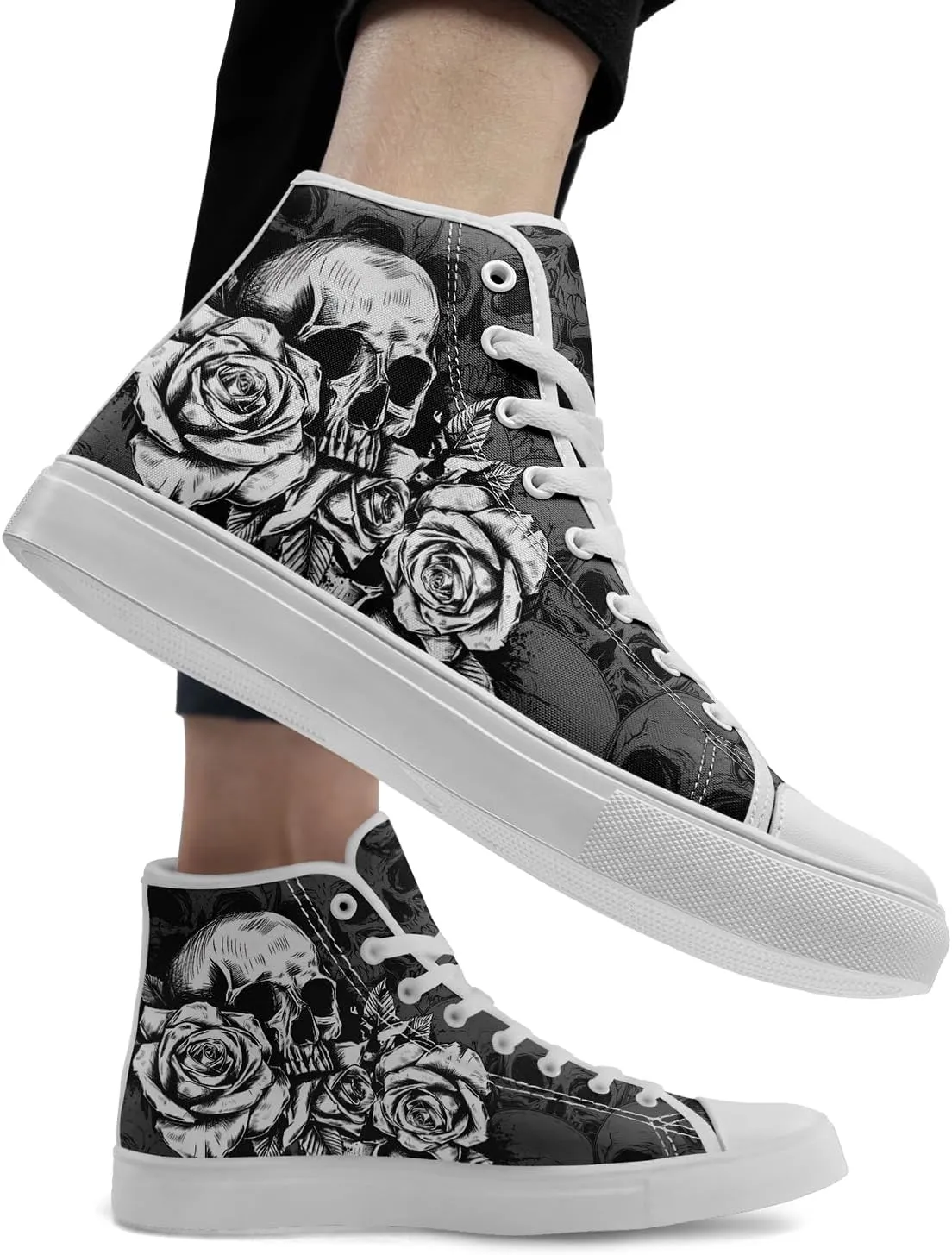Unisex Skull High Tops for Women Cool Design Black Canvas Shoes Classic Lace Up Fashion Sneakers Streetwear