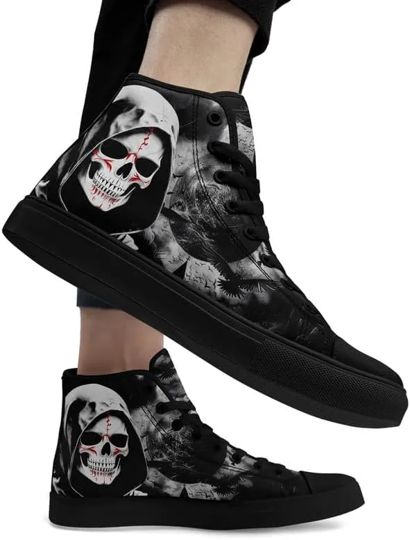 Unisex Skull High Tops for Women Cool Design Black Canvas Shoes Classic Lace Up Fashion Sneakers Streetwear