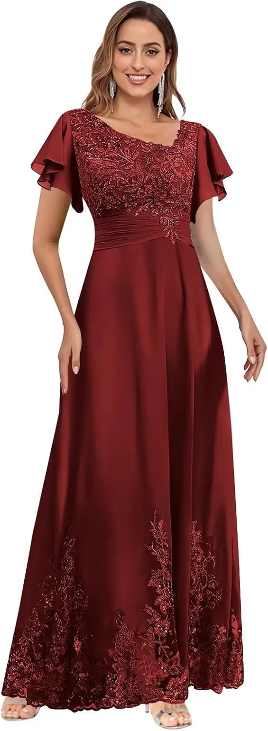 V Neck Mother of The Bride Dresses for Wedding with Sleeves Lace Long Formal Evening Gowns