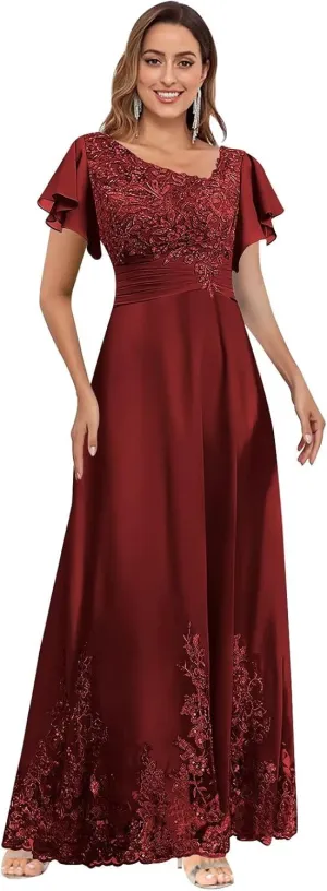 V Neck Mother of The Bride Dresses for Wedding with Sleeves Lace Long Formal Evening Gowns
