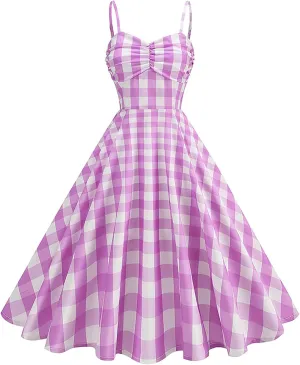 Vintage Plaid Prints Dresses for Women Sexy Straps A-Line Dress Square Neck Slimming Maxi Skirts Camp Court Wear