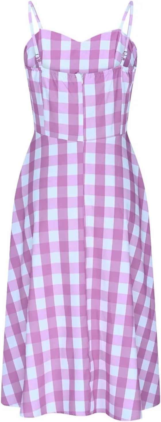 Vintage Plaid Prints Dresses for Women Sexy Straps A-Line Dress Square Neck Slimming Maxi Skirts Camp Court Wear