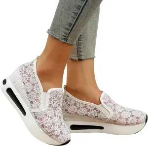 Wedge Floral Shoes Mesh Fashion Sneakers for Women Slip On Breathable Walking Shoes Women's Casual Embroidery Platform Sneakers Comfort Work Shoes High Heels Outdoor Travel Sports Shoes