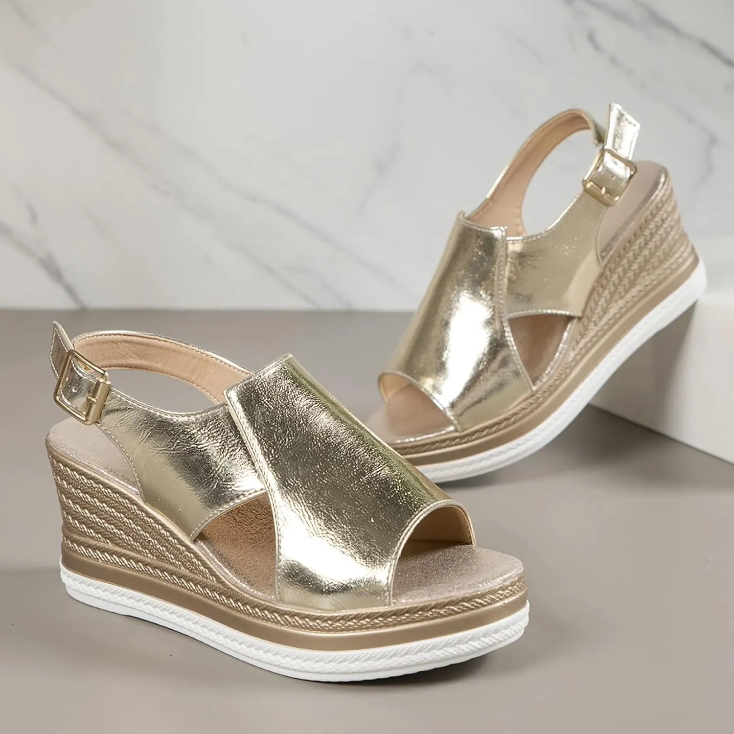 Wedge Sandals for Women Peep Toe Slingback Wedge Heels Cut Out Ankle Strap Platform Sandal Summer Boho Walking Shoes