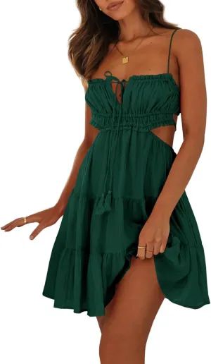 Wenrine Women's Summer Beach Mini Dress Adjustable Spaghetti Straps Sexy Backless Tiered Sleeveless Boho Dresses