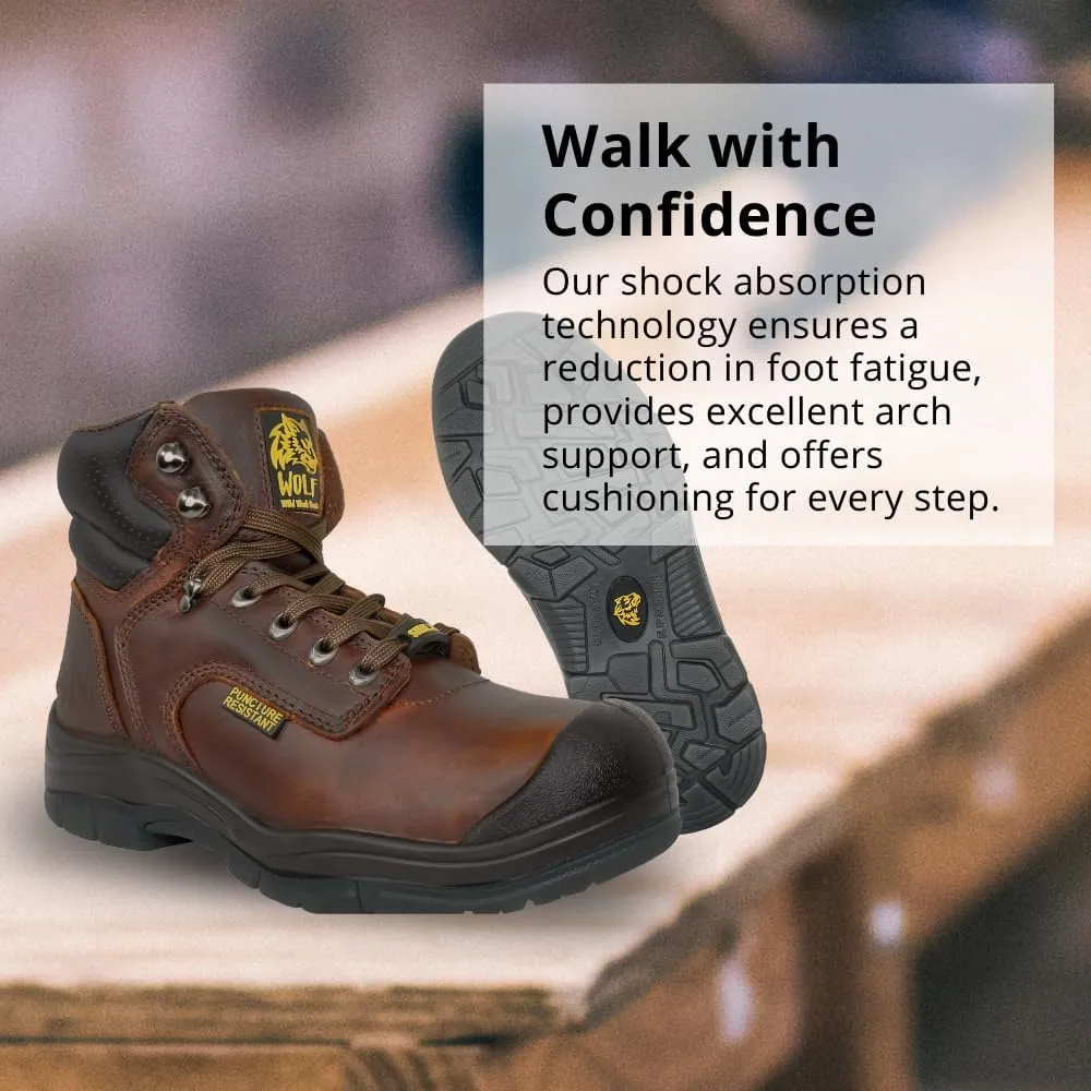 Wolf Work Boot | 100% Genuine Upper Leather | Oil, Heat, Chemical, Impact | Electrical Hazards | Non-Slip Rubber Sole | Tan Nubuck Plain Toe | Padded Collar | Construction | Industrial PPE