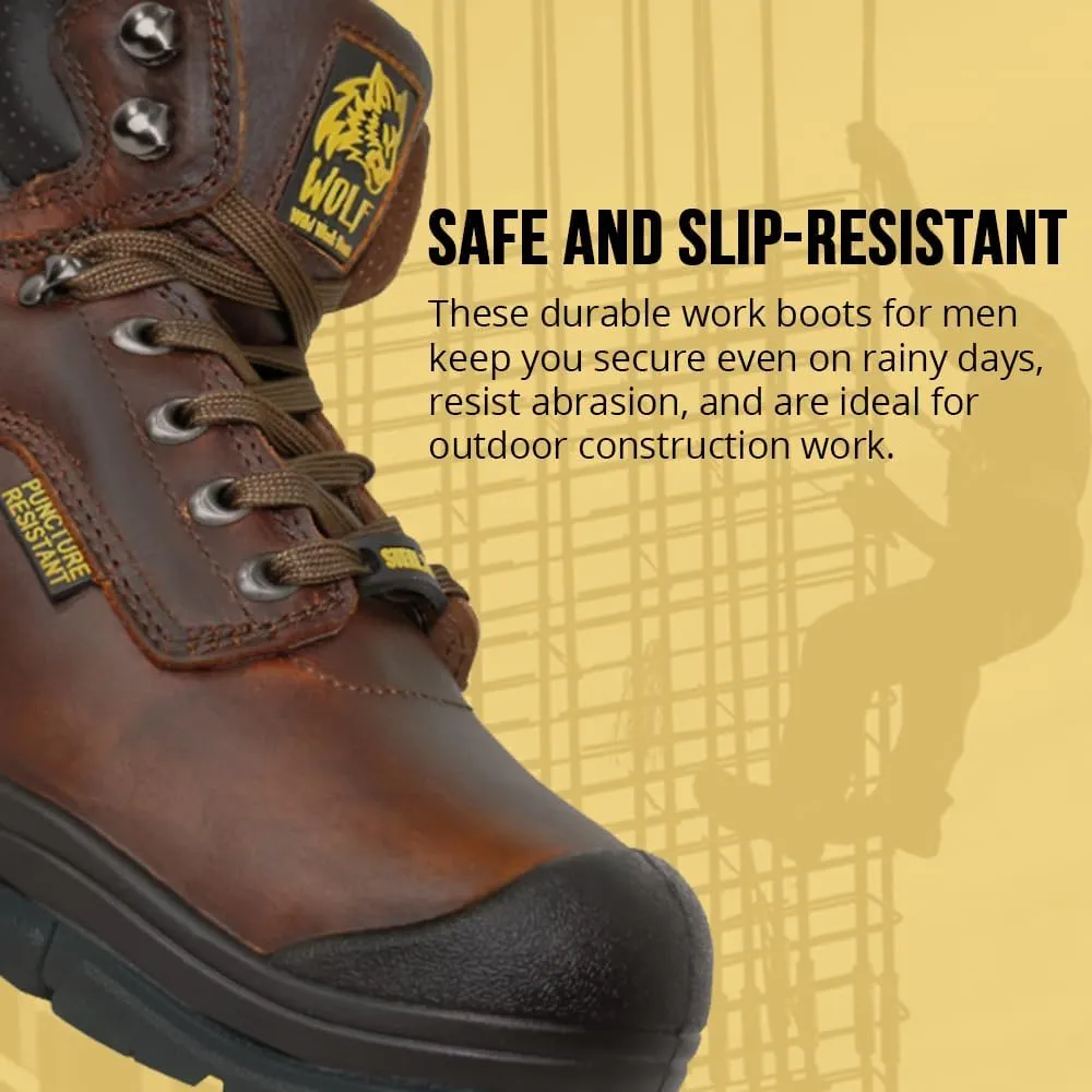 Wolf Work Boot | 100% Genuine Upper Leather | Oil, Heat, Chemical, Impact | Electrical Hazards | Non-Slip Rubber Sole | Tan Nubuck Plain Toe | Padded Collar | Construction | Industrial PPE