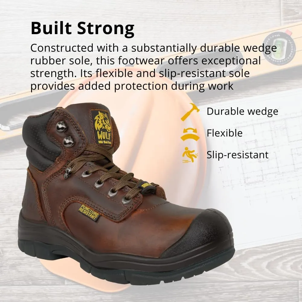 Wolf Work Boot | 100% Genuine Upper Leather | Oil, Heat, Chemical, Impact | Electrical Hazards | Non-Slip Rubber Sole | Tan Nubuck Plain Toe | Padded Collar | Construction | Industrial PPE