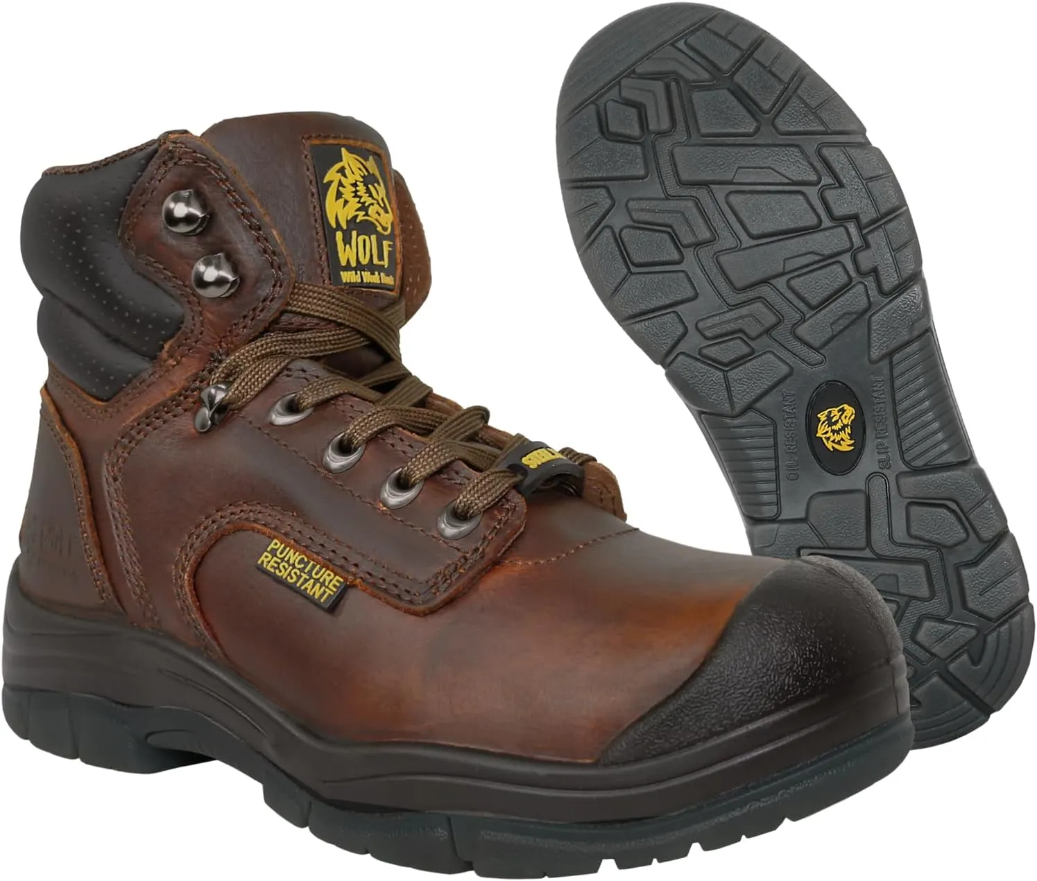 Wolf Work Boot | 100% Genuine Upper Leather | Oil, Heat, Chemical, Impact | Electrical Hazards | Non-Slip Rubber Sole | Tan Nubuck Plain Toe | Padded Collar | Construction | Industrial PPE