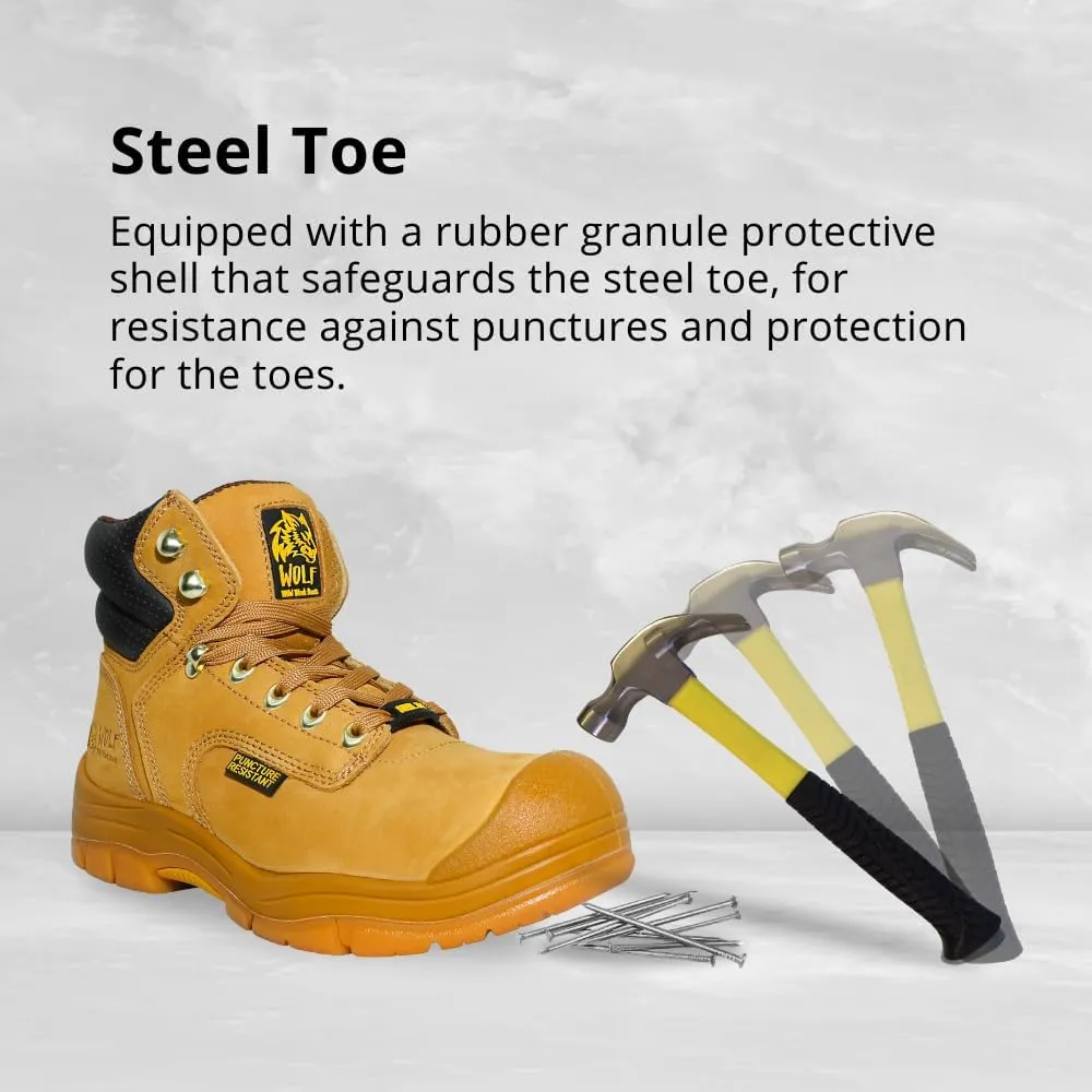 WOLF Work Boot | 100% Genuine Upper Leather | Oil, Heat, Chemical, Impact, Puncture, Abrasion Resistant | Electrical Hazards | Non-Slip Rubber Sole | Steel Toe | Padded Collar | Construction | Industrial PPE