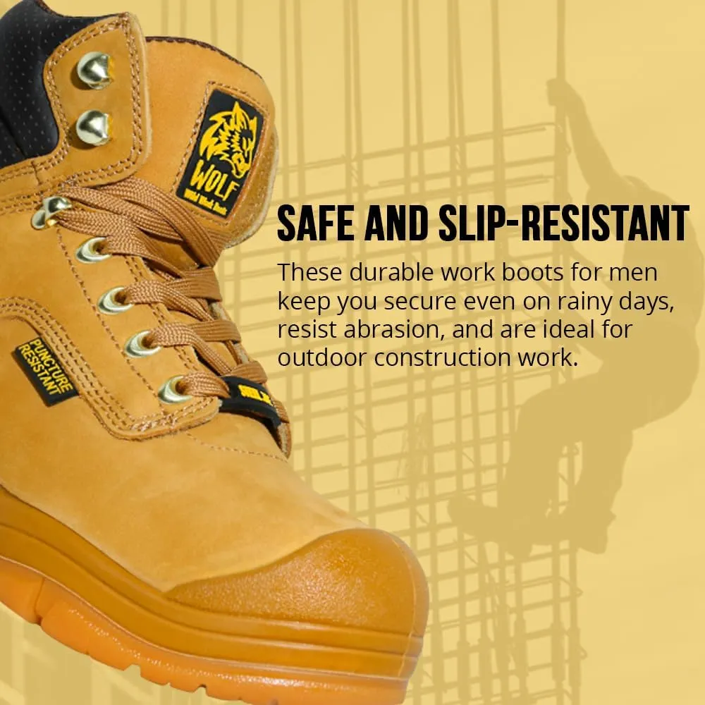 WOLF Work Boot | 100% Genuine Upper Leather | Oil, Heat, Chemical, Impact, Puncture, Abrasion Resistant | Electrical Hazards | Non-Slip Rubber Sole | Steel Toe | Padded Collar | Construction | Industrial PPE