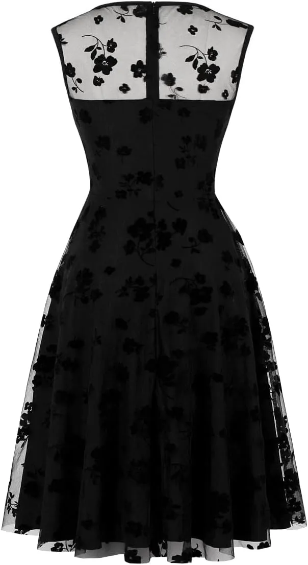 Women Mesh Floral Embroidery Vintage Cocktail Swing Dress Illusion 50s Goth Flared A line Casual Wedding Prom Evening Dress