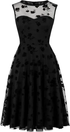 Women Mesh Floral Embroidery Vintage Cocktail Swing Dress Illusion 50s Goth Flared A line Casual Wedding Prom Evening Dress