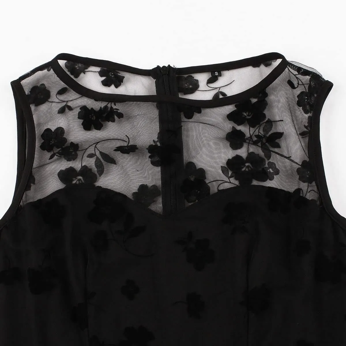 Women Mesh Floral Embroidery Vintage Cocktail Swing Dress Illusion 50s Goth Flared A line Casual Wedding Prom Evening Dress