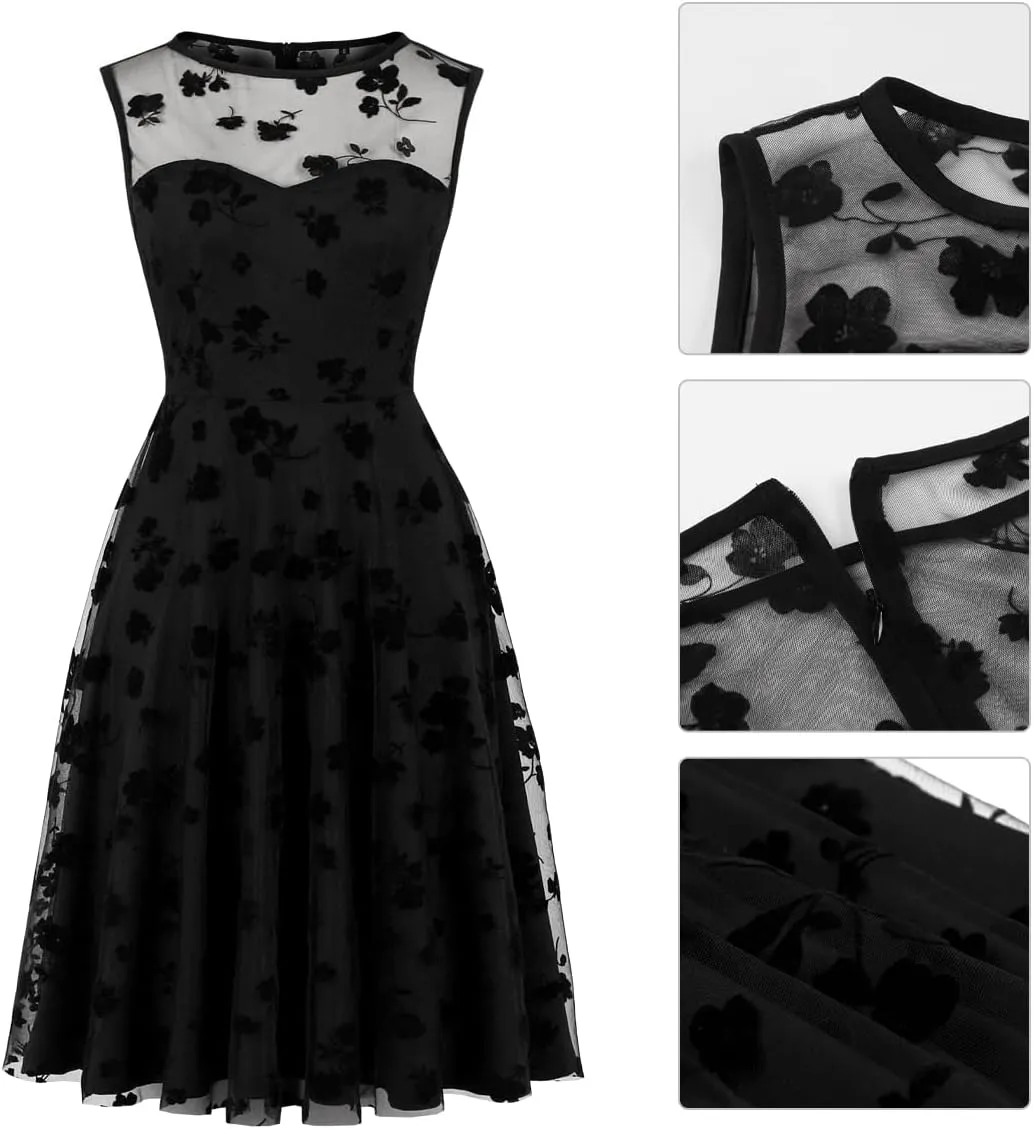 Women Mesh Floral Embroidery Vintage Cocktail Swing Dress Illusion 50s Goth Flared A line Casual Wedding Prom Evening Dress