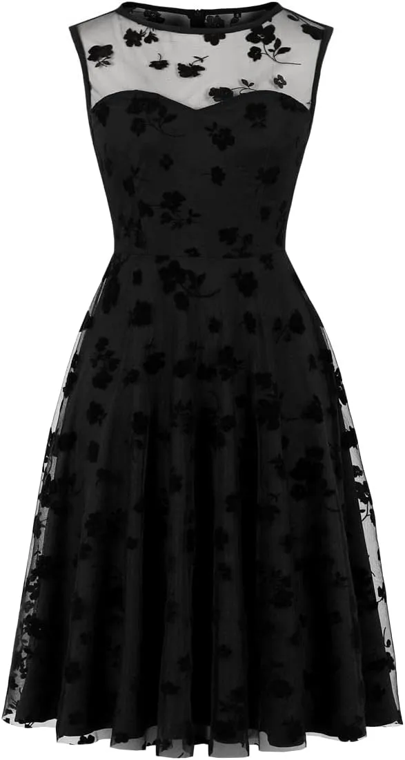 Women Mesh Floral Embroidery Vintage Cocktail Swing Dress Illusion 50s Goth Flared A line Casual Wedding Prom Evening Dress